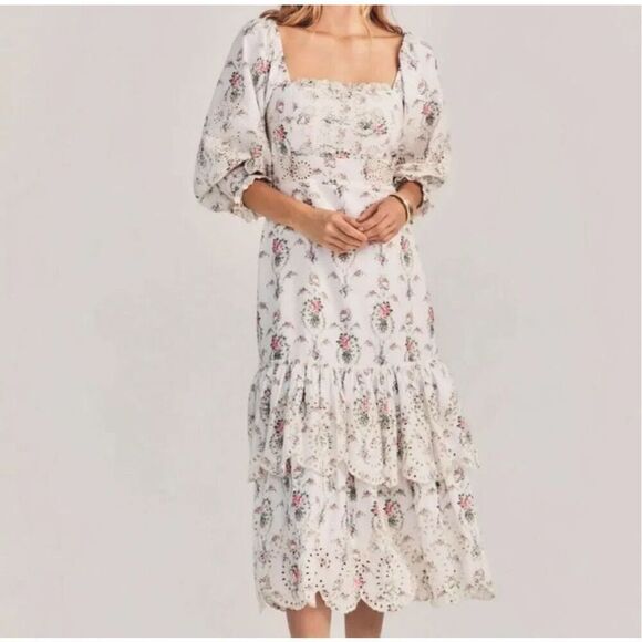 LoveShackFancy Toulon Midi Vanilla Kisses Embroidered Ruffle Dress Women’s Sz 6